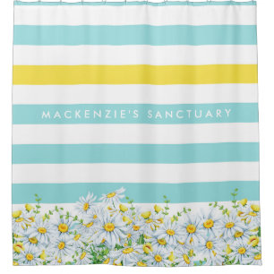 Girly Yellow Daisies and Aqua Stripes With Name Shower Curtain
