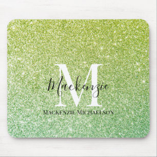 Girly Yellow Green Ombre Glitter Monogram Name   Mouse Pad