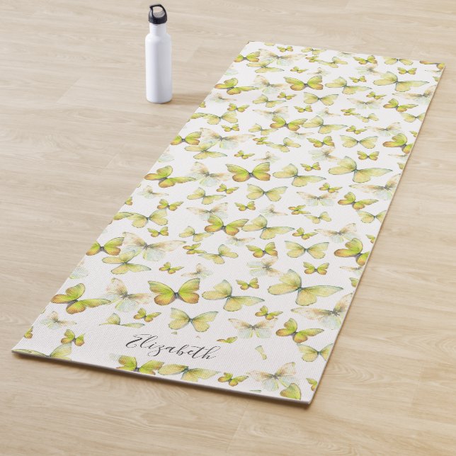 Girly Yellow Pastel Butterflies Custom Name Yoga Mat (In Situ)