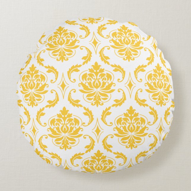 Girly Yellow White Vintage Damask Pattern Round Cushion (Front)