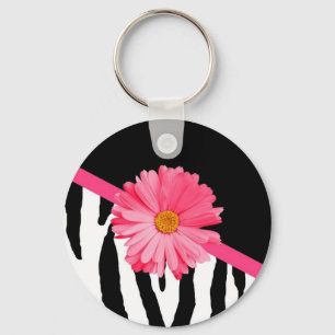 Girly Zebra Pattern Cute Pink Daisy With Name Key Ring