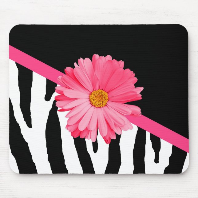 Girly Zebra Pattern Cute Pink Daisy With Name Mouse Pad (Front)