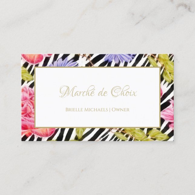 Girly Zebra Print Pink Peony Foral Beauty Boutique Business Card (Front)