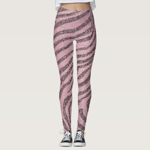 Girly Zebra Stripes on Pink Glitter Texture Leggings