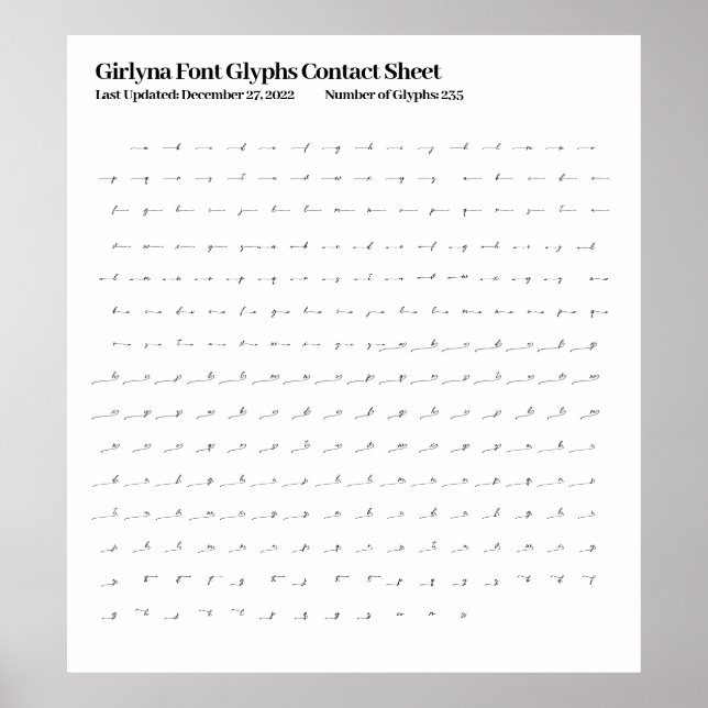 Girlyna Font Glyphs Contact Sheet Poster (Front)