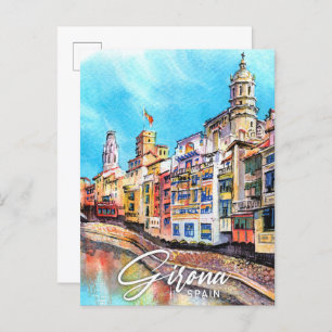 Girona Spain Watercolor Painting Travel Postcard