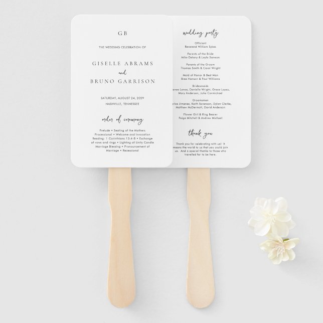 Giselle Classic Monogram Elegant Wedding Program Hand Fan (Front and Back)