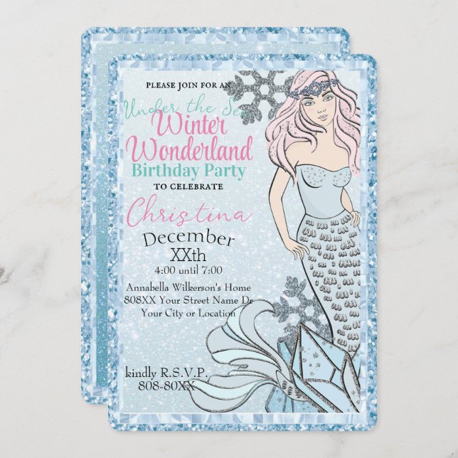 Gitter Frozen Mermaid Princess Winter Theme Party Invitation (Front/Back)