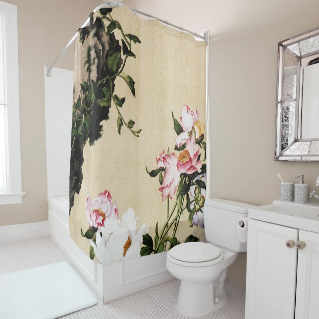 Giuseppe Castiglione - Paeony Fine Art Shower Curtain (In Situ)