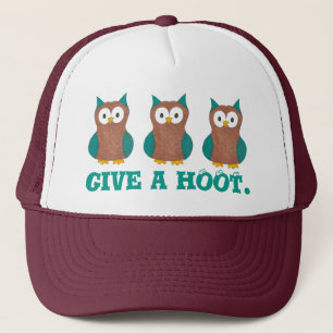 Give a HOOT Wise Cartoon Brown Owl Bird Eyes Trucker Hat