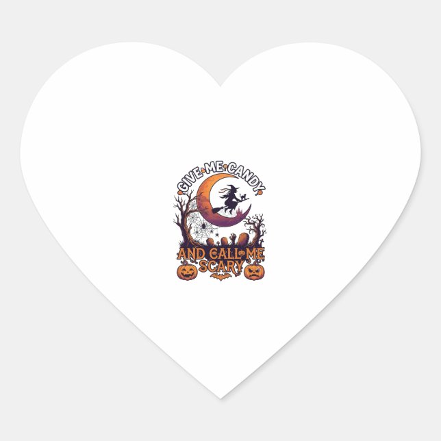 Give Me Candy Call Scary Witch Moon Pumpkins Heart Sticker (Front)