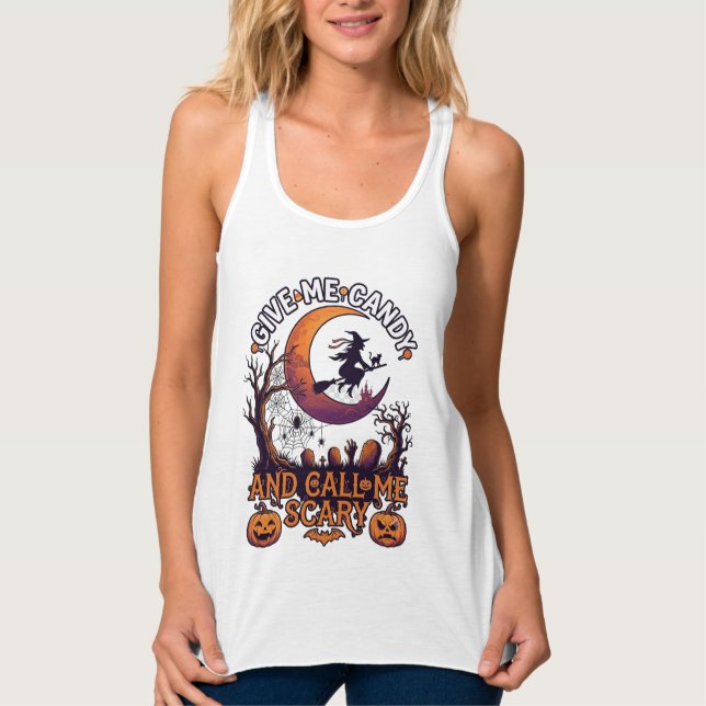Give Me Candy Call Scary Witch Moon Pumpkins Singlet (Front)