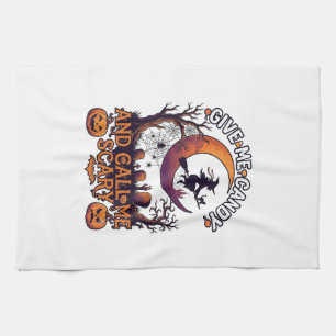 Give Me Candy Call Scary Witch Moon Pumpkins Tea Towel