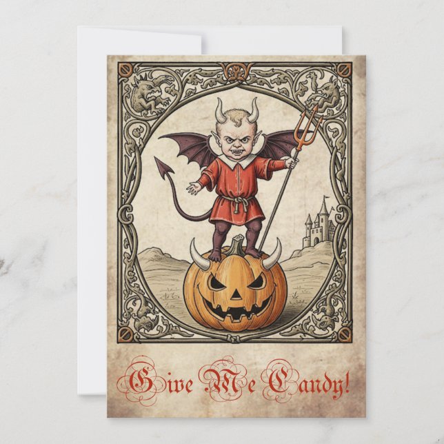 "Give Me Candy!" Vintage Devil Halloween Card (Front)