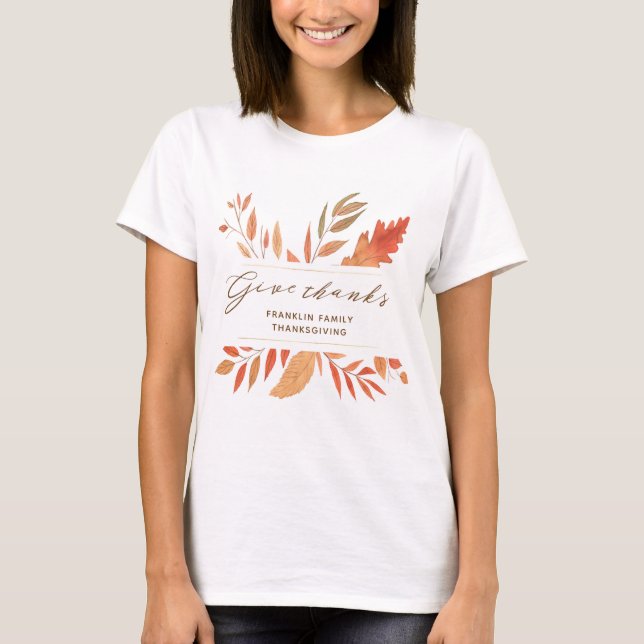 Give Thanks Autumn Fall Leaves Thanksgiving T-Shirt (Front)