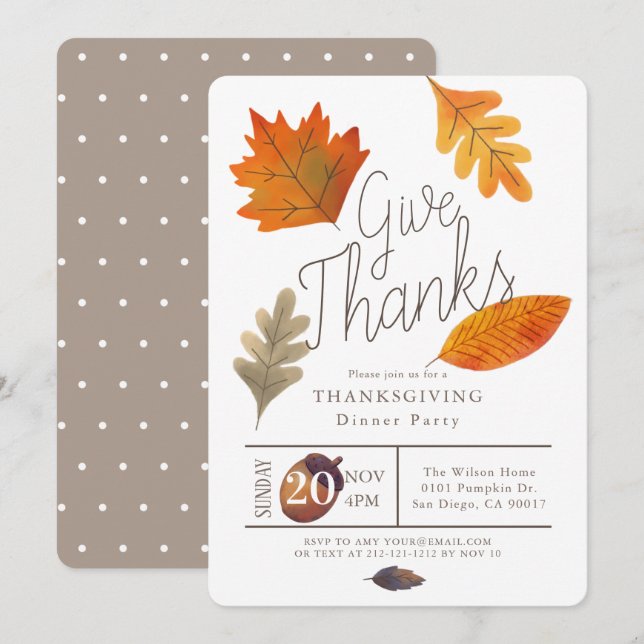 Give Thanks Autumn Foliage Thanksgiving Dinner Invitation (Front/Back)