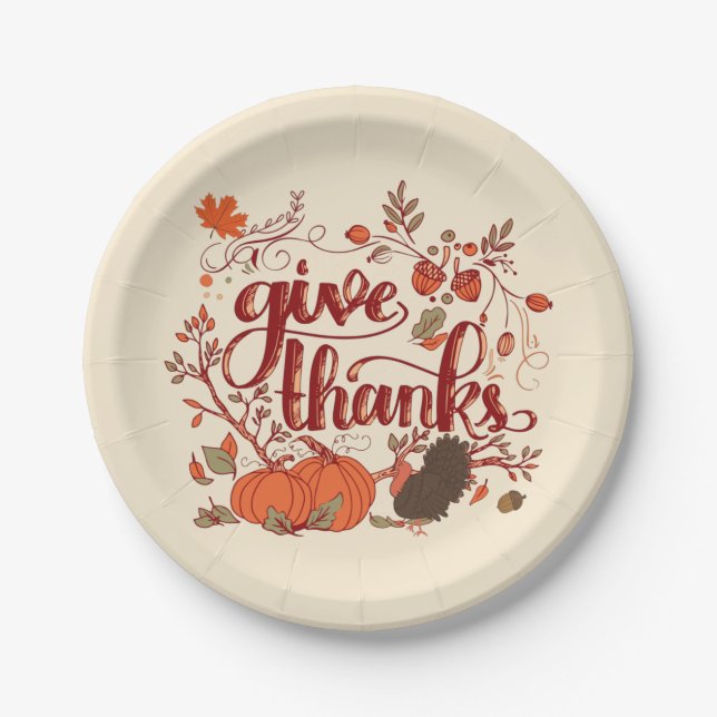Give Thanks Autumn Harvest, Turkey Thanksgiving   Paper Plate (Front)