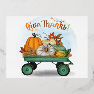 "Give Thanks" Autumn Harvest Wagon Foil Holiday Postcard