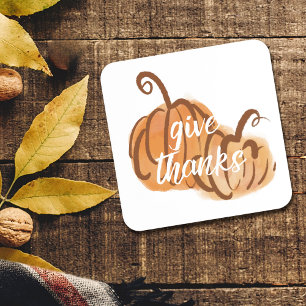 Give Thanks Autumn Watercolor Pumpkin Thanksgiving Coaster
