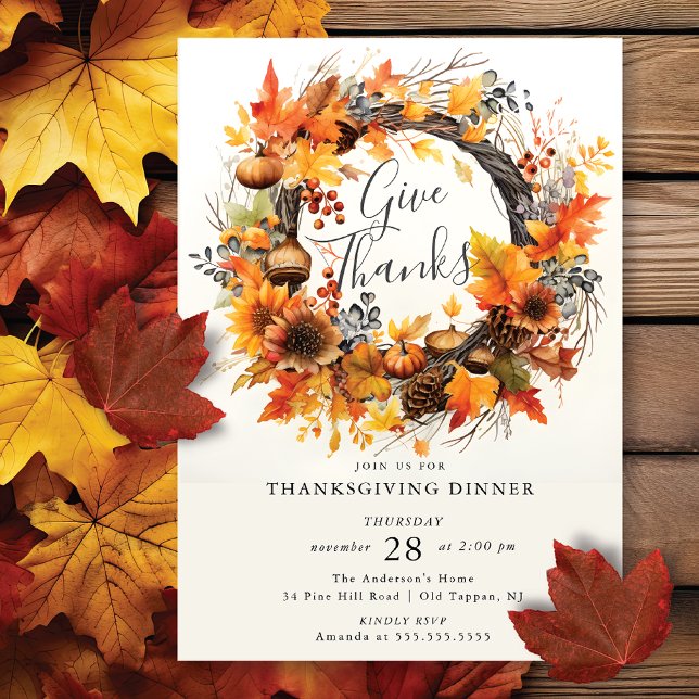 Give thanks Autumn Wreath Thanksgiving Invitation (Creator Uploaded)