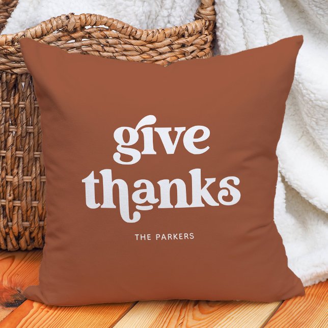 Give Thanks | Boho Retro Terracotta Cushion (A retro and boho Thanksgiving pillow in terracotta and white)