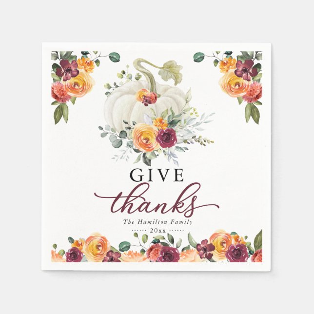 Give Thanks Burgundy Floral Pumpkin Thanksgiving Napkin (Front)