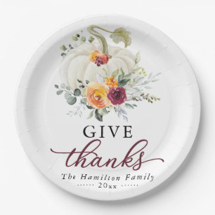 Give Thanks Burgundy Floral Pumpkin Thanksgiving Paper Plate