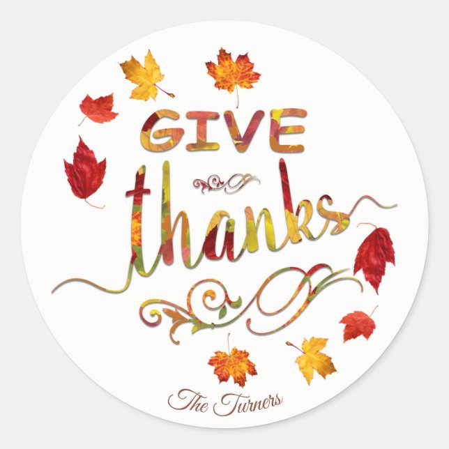 Give Thanks Chic Fall Rustic Thanksgiving Monogram Classic Round Sticker (Front)