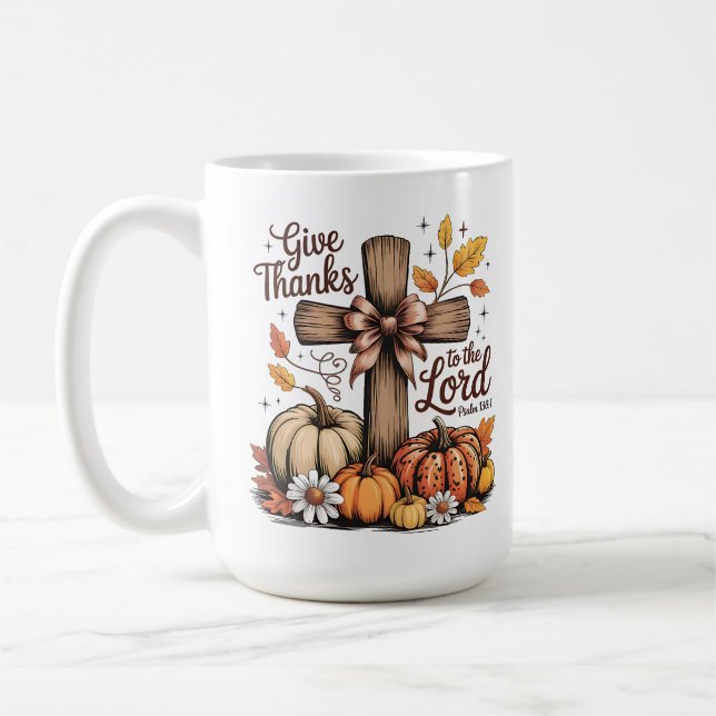 Give Thanks Christian Cross Fall Pumpkins Coffee Mug (Left)