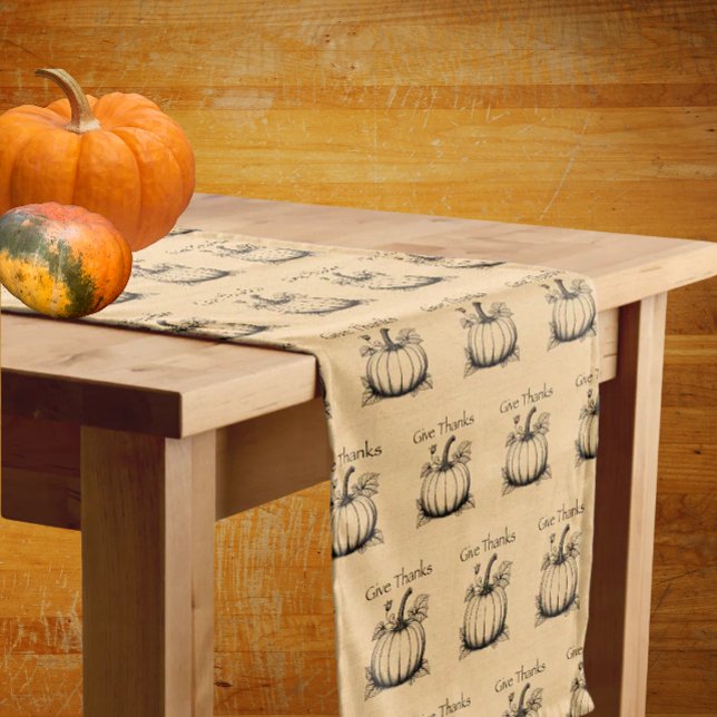 Give Thanks Country Pumpkins on Faux Burlap  Medium Table Runner (A simple design is often the best design. Thanksgiving table runner.)