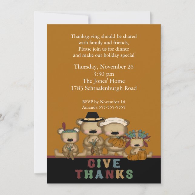 Give Thanks Cute Bears Thanksgiving Invitation (Front)