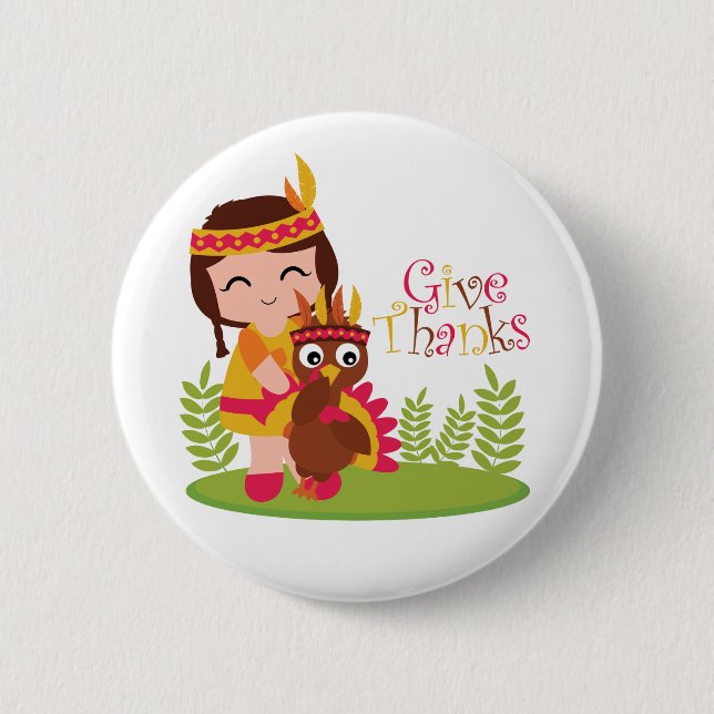 Give Thanks Cute Tribal Girl Thanksgiving Turkey 6 Cm Round Badge (Front)