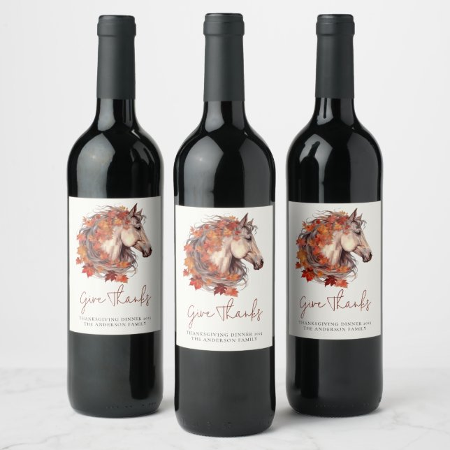Give Thanks Elegant Horse Equestrian Thanksgiving Wine Label (Bottles)