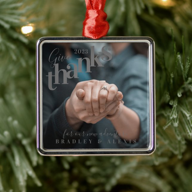 Give Thanks Engaged Photo Gray Metal Tree Decoration (Tree)