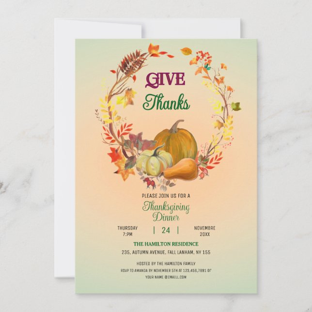 Give Thanks Fall Leaves Wreath Thanksgiving Dinner Invitation (Front)