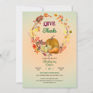 Give Thanks Fall Leaves Wreath Thanksgiving Dinner Invitation