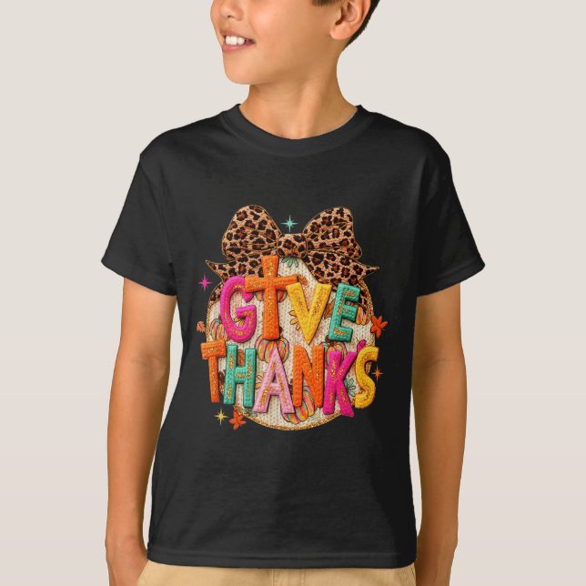 Give Thanks, Fall Leopard Coquette Bow, Preppy Tha T-Shirt (Front)