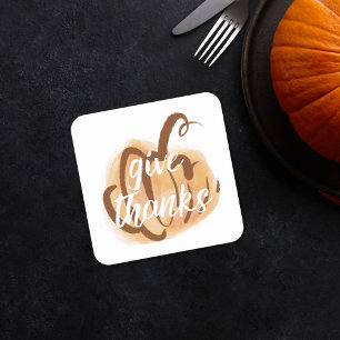 Give Thanks Fall Watercolor Pumpkin Thanksgiving Square Paper Coaster