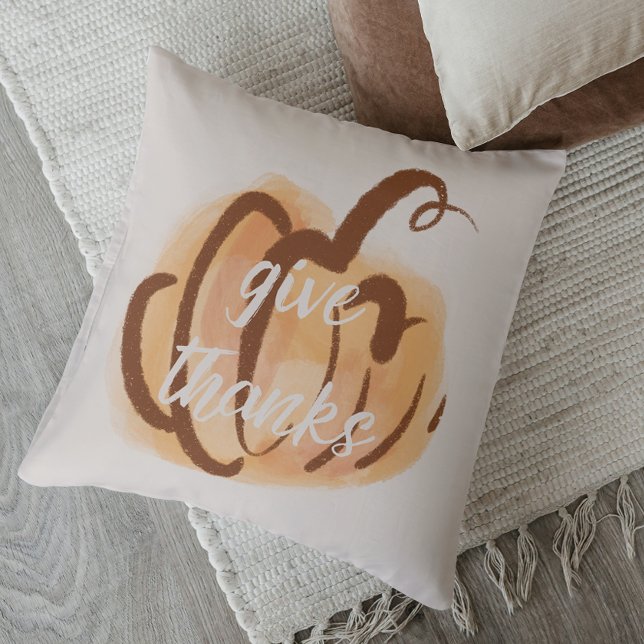 Give Thanks Fall Watercolor Pumpkin Throw Pillow (Give Thanks Fall Watercolor Pumpkin Thanksgiving Throw Pillow)