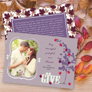 Give Thanks Falling Leaves Tree Thanksgiving Photo Holiday Card