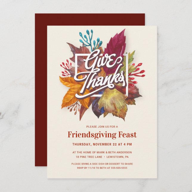 GIVE THANKS FRIENDSGIVING FESTIVE FALL LEAVES INVITATION (Front/Back)