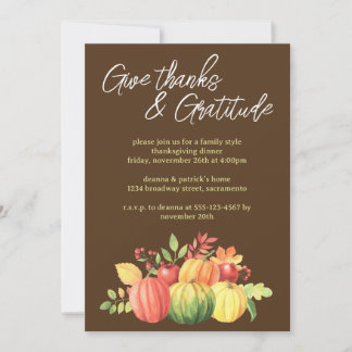 Give Thanks & Gratitude Pumpkins Thanksgiving Invitation