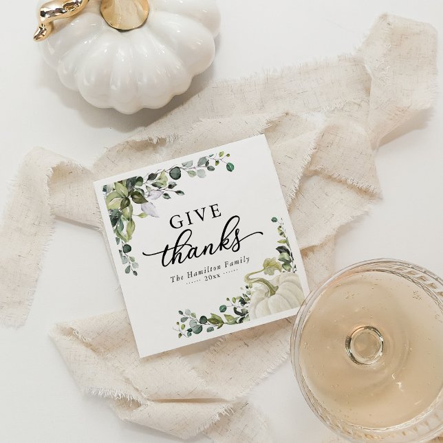 Give Thanks Greenery Pumpkin Thanksgiving Dinner Napkin (Creator Uploaded)