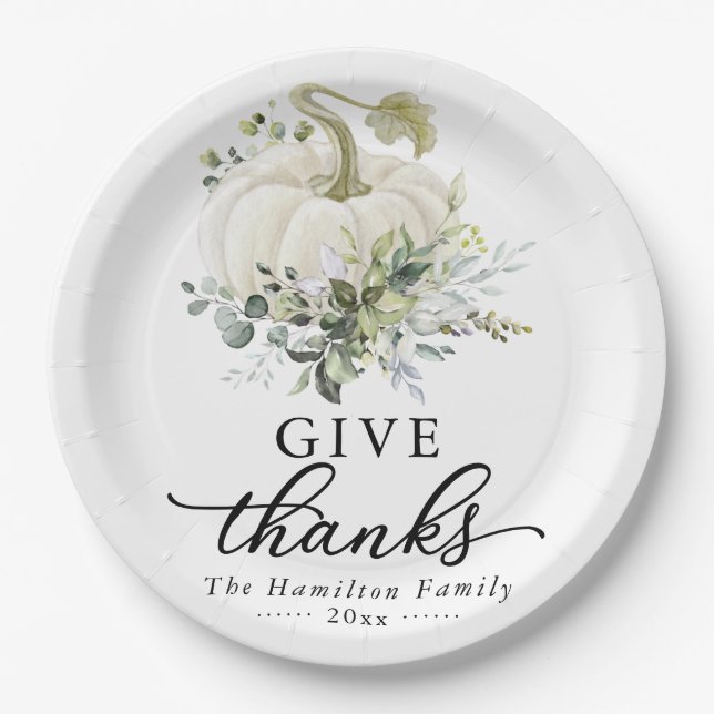 Give Thanks Greenery White Pumpkin Thanksgiving Paper Plate (Front)