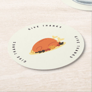 Give thanks message turkey meal round paper coaster