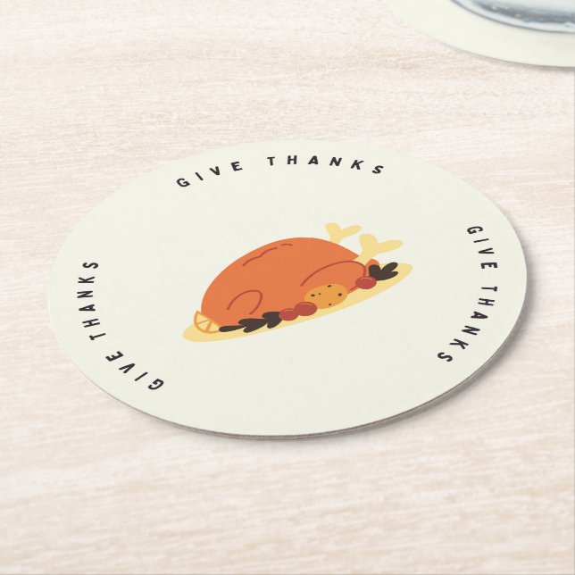 Give thanks message turkey meal round paper coaster (Angled)