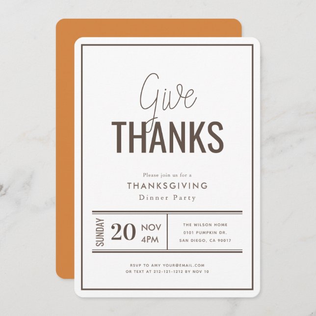 Give Thanks Minimalist Modern Thanksgiving Dinner Invitation (Front/Back)