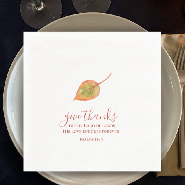 Give Thanks minimalistic watercolor Thanksgiving Napkin (Give thanks scripture Thanksgiving napkin. Modern minimalist hand painted watercolor leaf.)