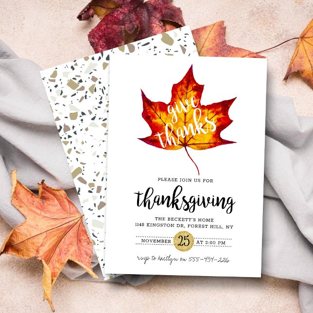 "Give Thanks" Modern Autumn Leaf Thanksgiving Invitation (Creator Uploaded)