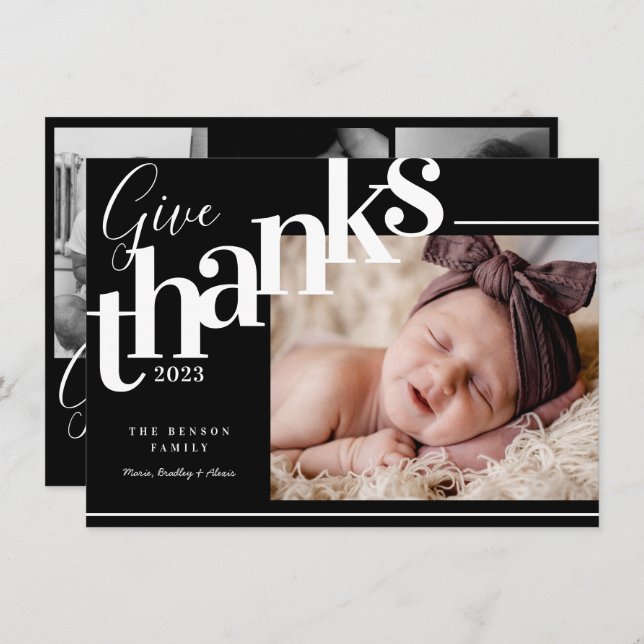 Give Thanks Modern Black Photo Holiday Card (Front/Back)